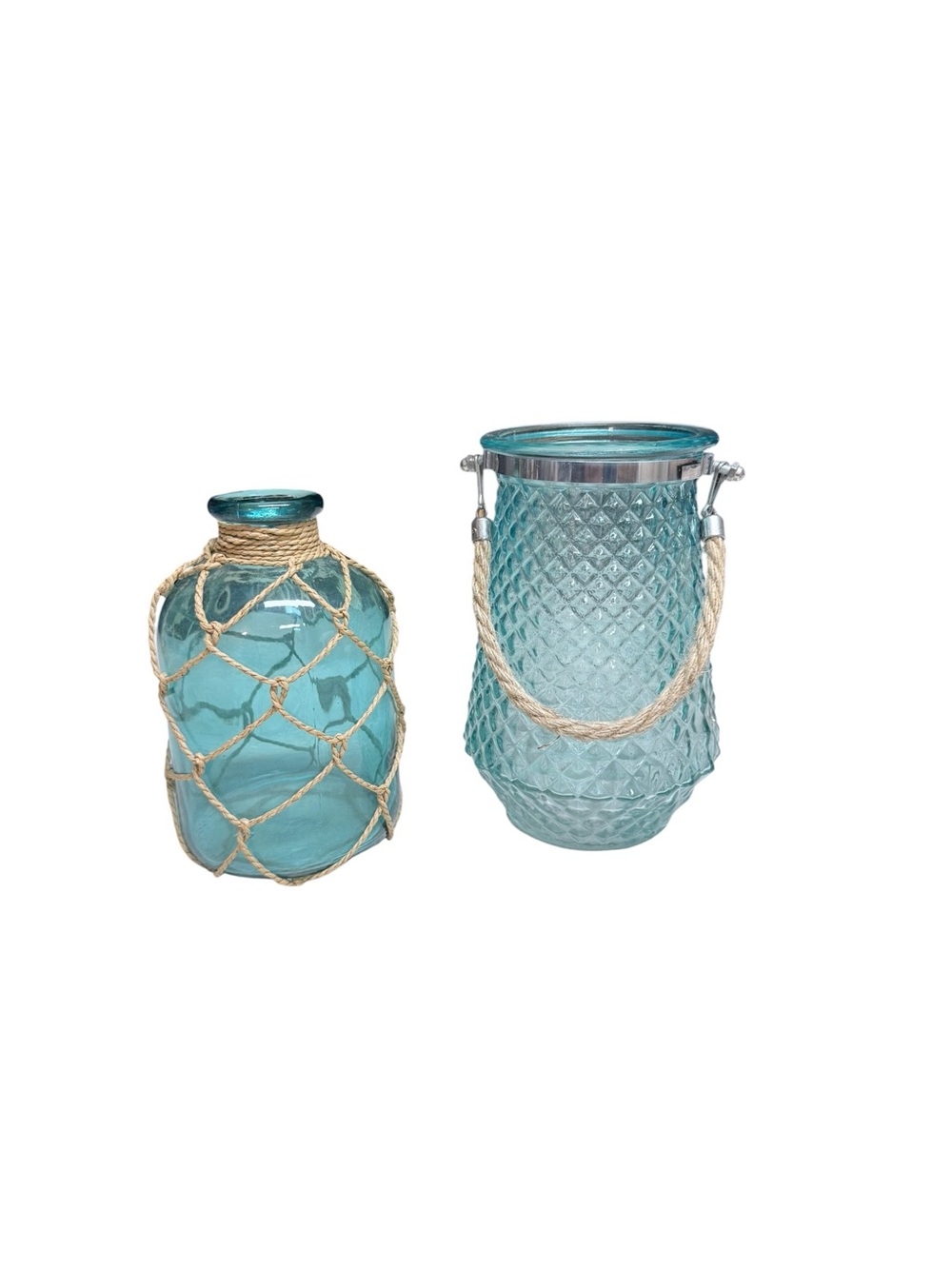 Beach/Coastal Aqua Glass Vase and Lantern Set